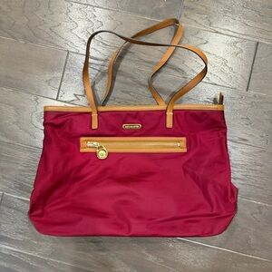 Michael Kors Jet Set Travel Nylon Tote Burgundy Tan Leather Trim Gold Hardware